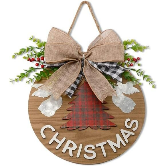 Christmas Decoration Wreaths Rustic Christmas Hanging Door Sign with Plaid Bow - Picture 2 of 7